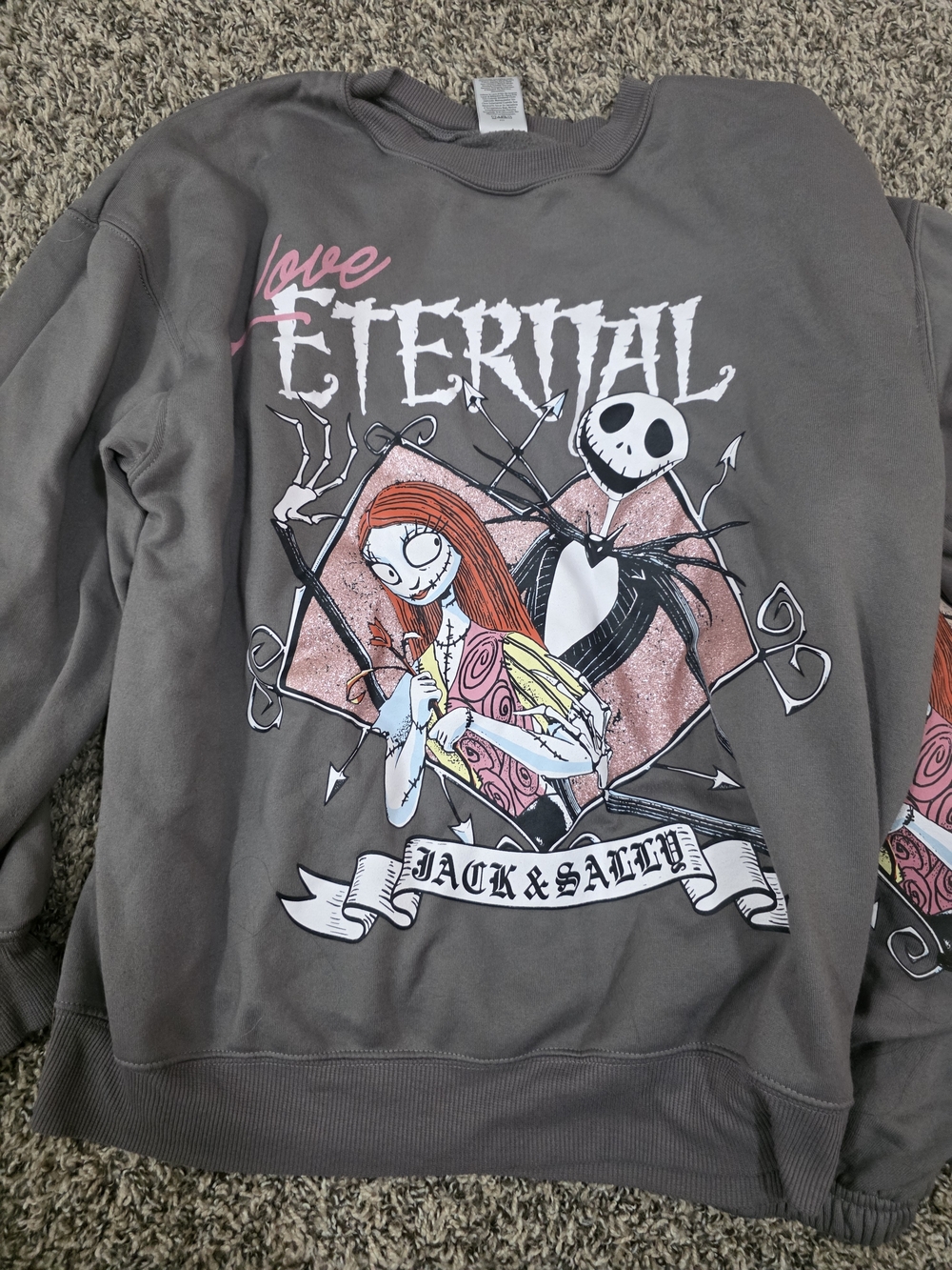 Love Eternal Jack & Sally Graphic Sweatshirt - Gray with Pink & Black